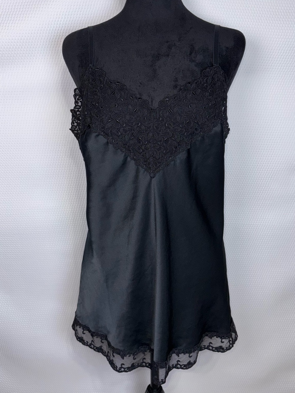 Vintage Wacoal Black Satin Lace Camisole Lingerie Top Slip Large L 42” Adj Strap